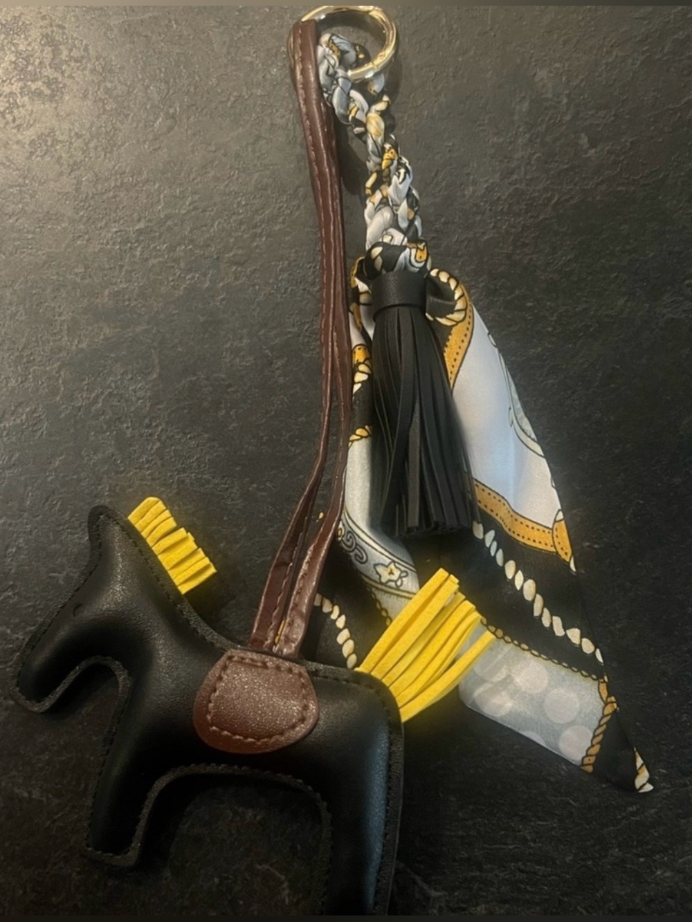 Leather Horse Bag Charm with Scarf and Tassel - Black & Yellow